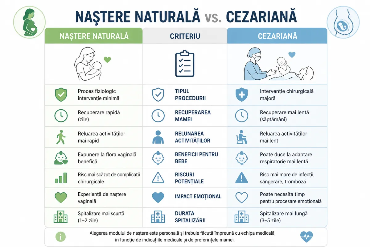 comparație naștere naturală cezariană avantaje riscuri