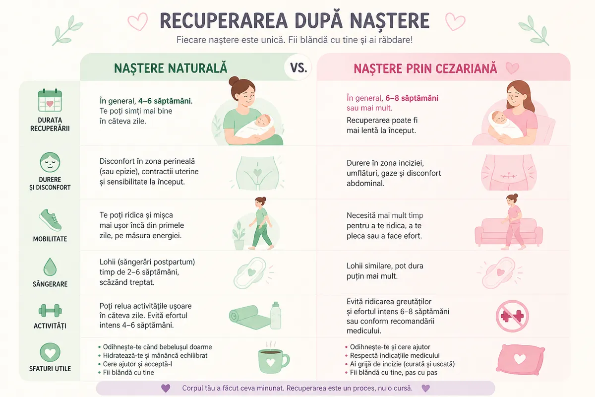 comparație recuperare naștere naturală cezariană