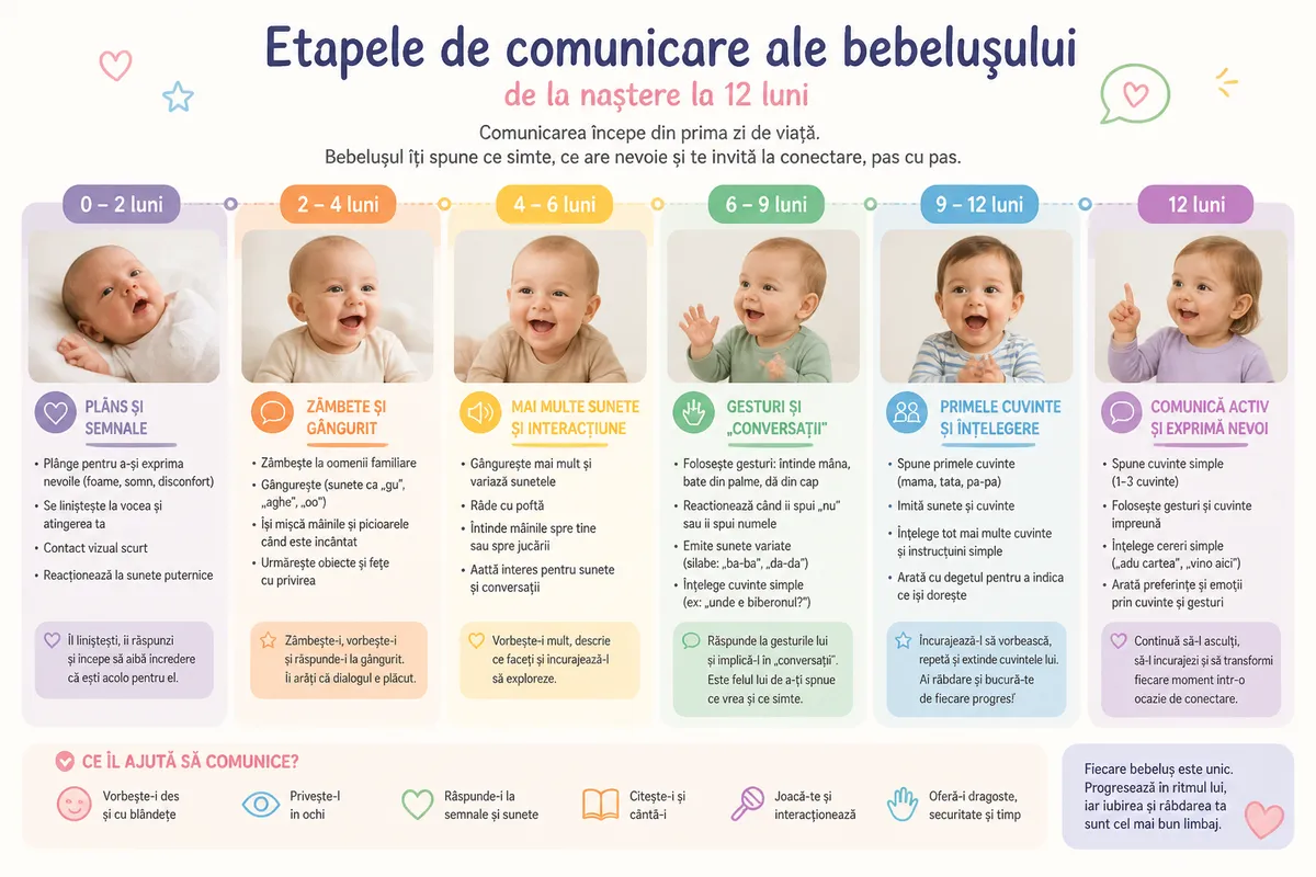 etapele dezvoltării limbajului bebeluș 0-12 luni
