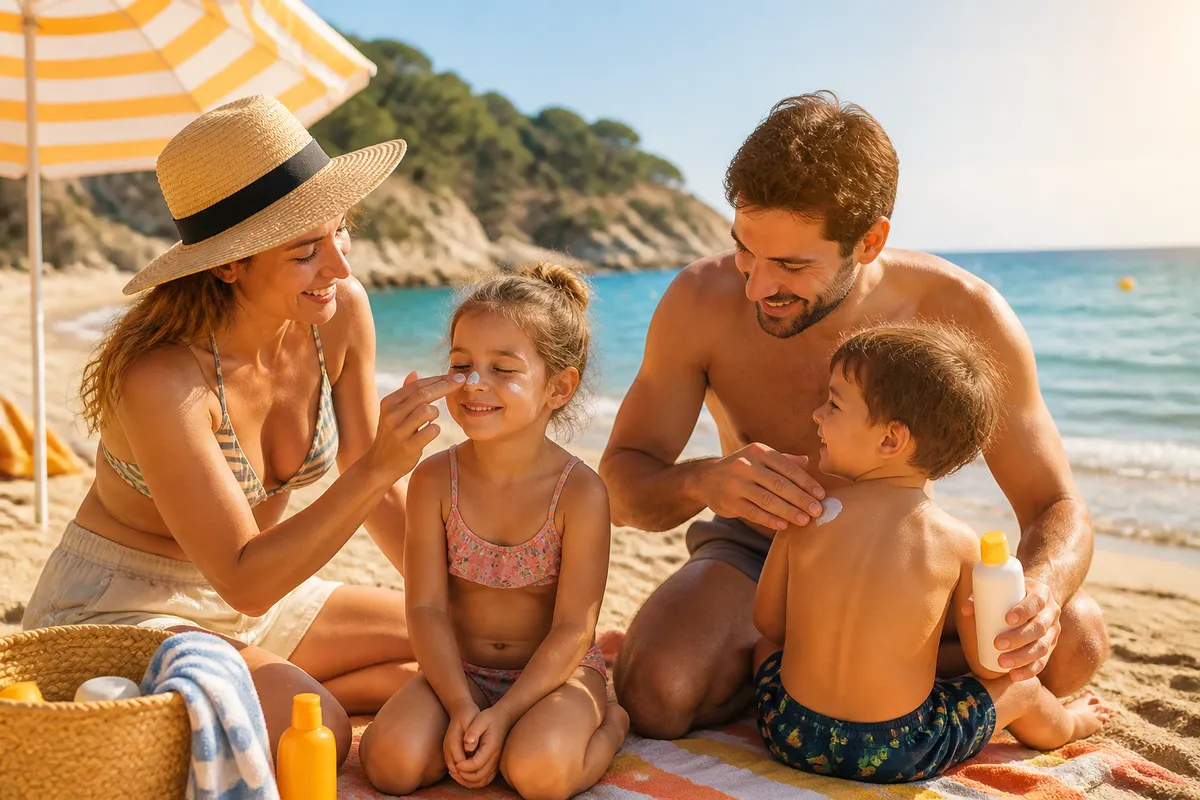 aplicare cremă solară familie copii plajă vară