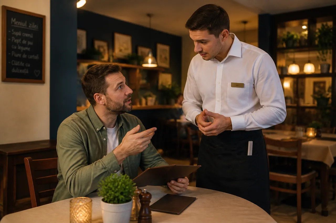 părinte întreabă ospătarul despre mâncarea copilului la restaurant