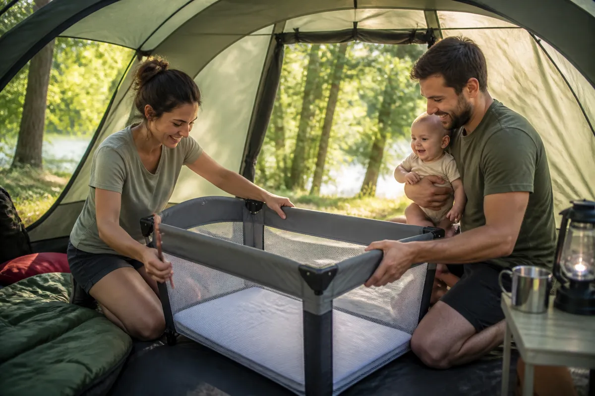 pătuț de călătorie camping familie cu bebeluș