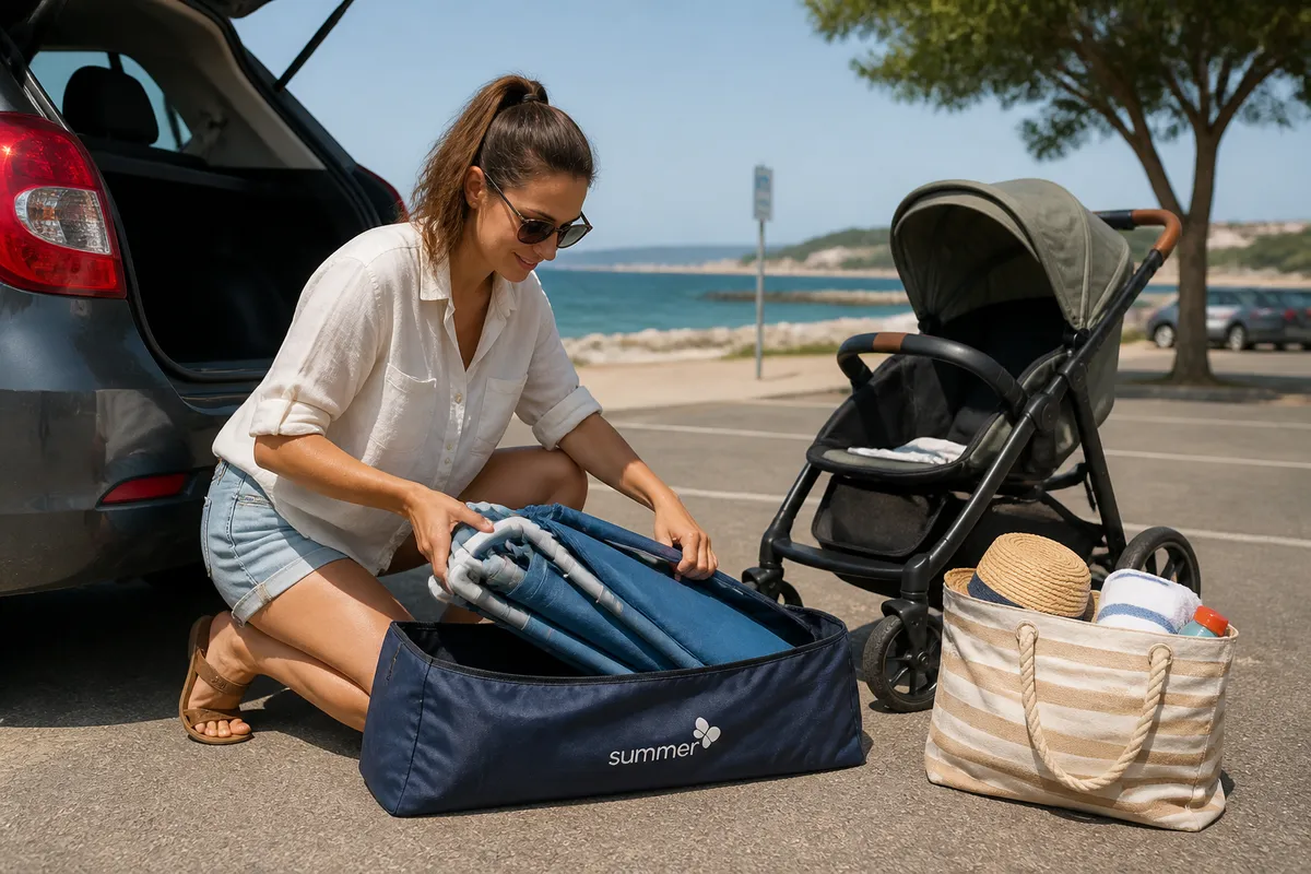 pătuț plajă bebeluș portabil ușor de transportat