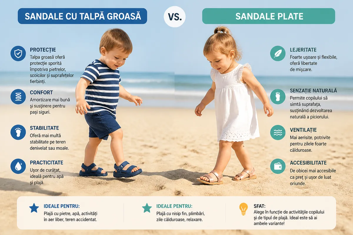 sandale copii talpă groasă versus plate plajă