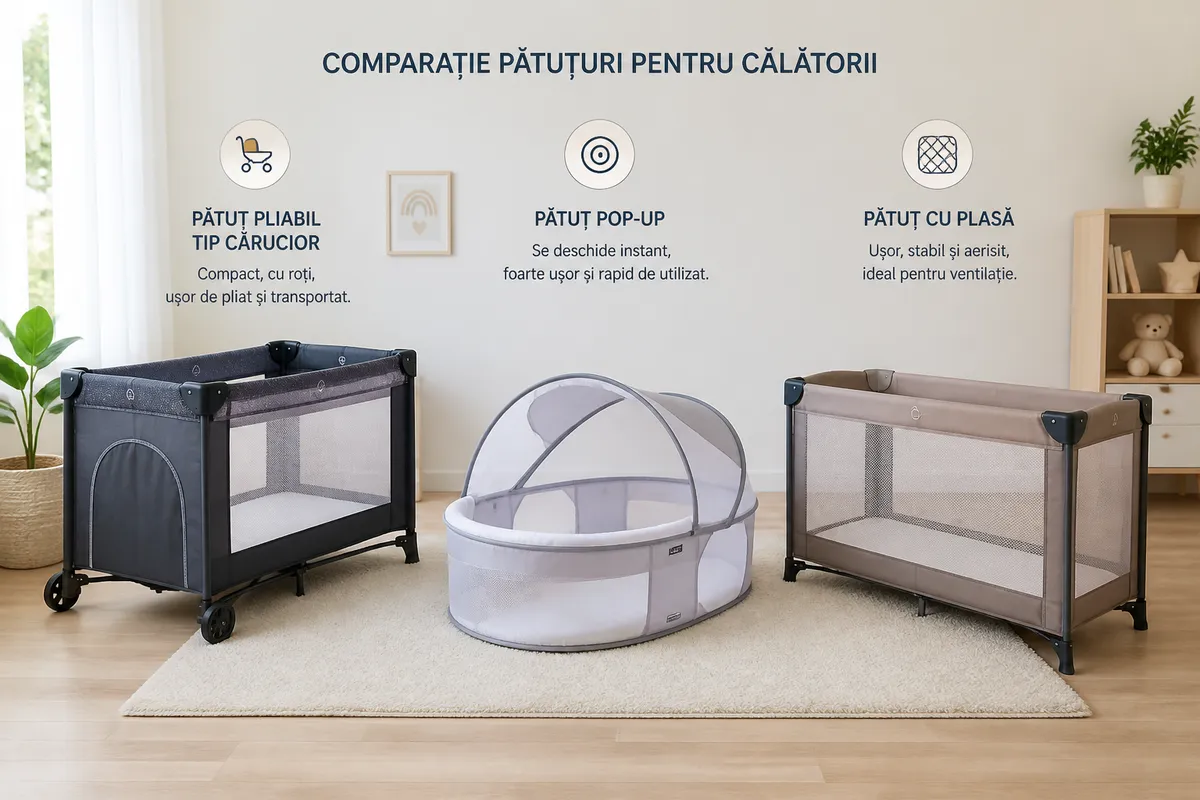 tipuri pătuțuri călătorie bebeluș comparație