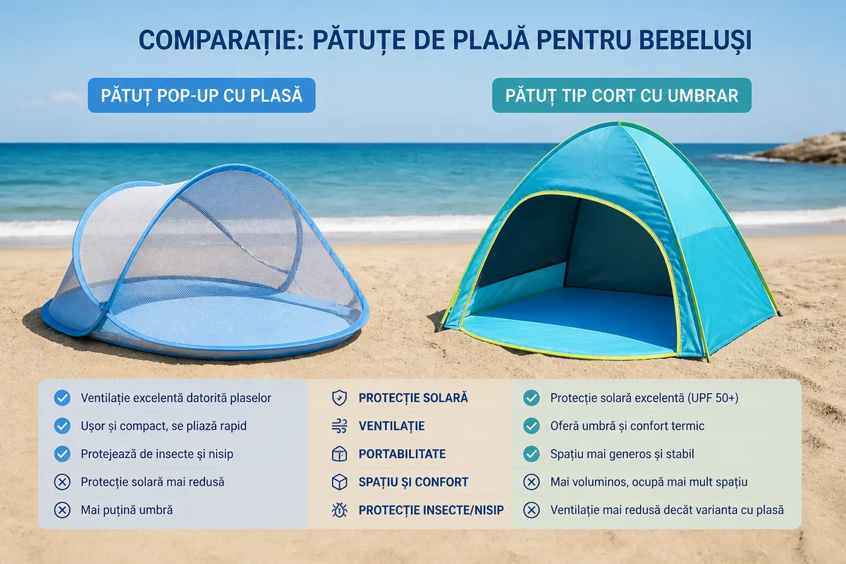 tipuri pătuțuri plajă bebeluși comparație