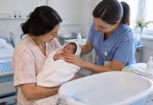 Baia nou-născutului poate aștepta pentru ca pielea și temperatura să rămână protejate Baia nou-născutului poate aștepta pentru ca pielea și temperatura să rămână protejate