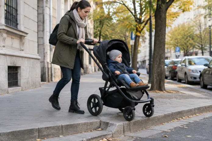 Căruciorul potrivit pentru trotuarele cu borduri și gropi din oraș